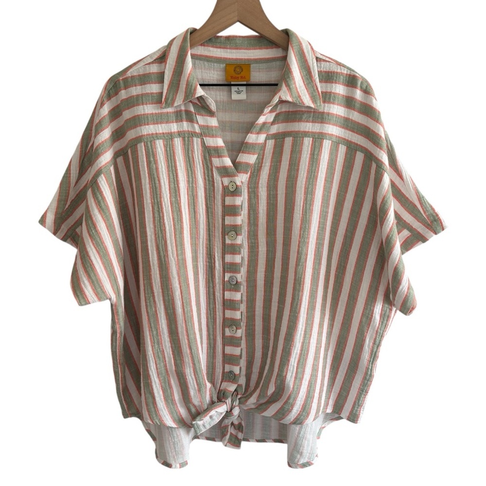 Ruby Rd. Gauzy Button Up Shirt Large Short Sleeve Collared 100% Cotton Coastal